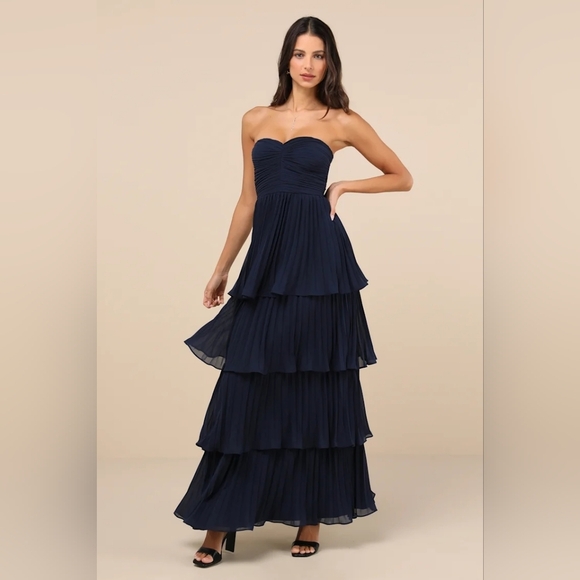 Lulus Seriously Sensational Navy Blue Strapless Tiered Maxi Dress Wedding Party - Picture 2 of 8